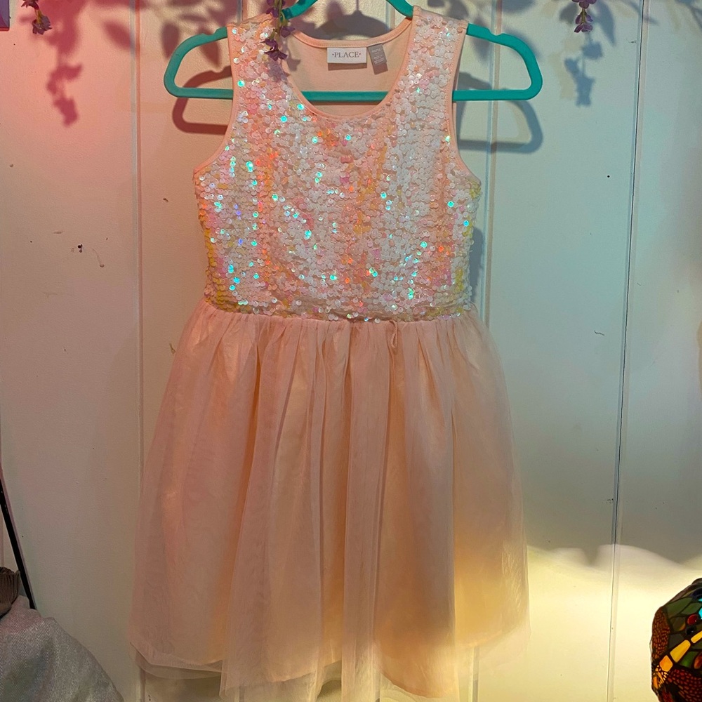 EUC PLACE girls party dress, pink w/ABS Sequins, tulle skirt,satin lining, 10/12